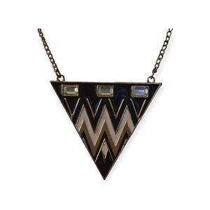 Vintage Geometric Black White And Gold Triangle Pendant Necklace W/ Rhinestones